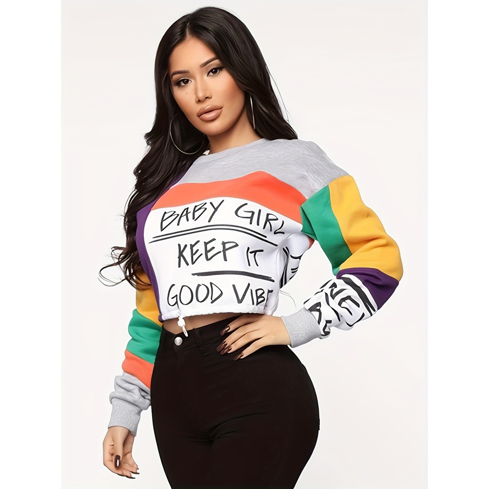 Color Block Letter Print Pullover Sweatshirt, Casual Long Sleeve Crew Neck Sweatshirt For Fall & Winter, Women's Clothing