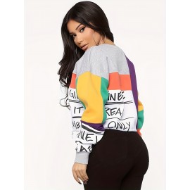 Color Block Letter Print Pullover Sweatshirt, Casual Long Sleeve Crew Neck Sweatshirt For Fall & Winter, Women's Clothing