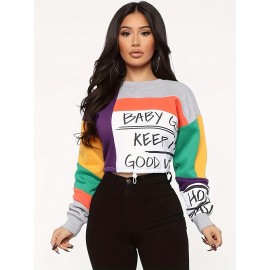 Color Block Letter Print Pullover Sweatshirt, Casual Long Sleeve Crew Neck Sweatshirt For Fall & Winter, Women's Clothing