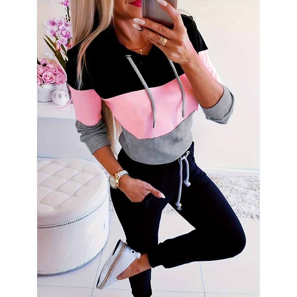 Women's Color Block Hoodie, Long Sleeve Drawstring Thermal Hoodies Sweatshirt, Women's Clothing