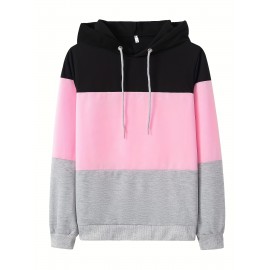 Women's Color Block Hoodie, Long Sleeve Drawstring Thermal Hoodies Sweatshirt, Women's Clothing