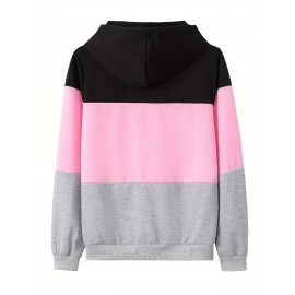 Women's Color Block Hoodie, Long Sleeve Drawstring Thermal Hoodies Sweatshirt, Women's Clothing