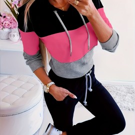 Women's Color Block Hoodie, Long Sleeve Drawstring Thermal Hoodies Sweatshirt, Women's Clothing