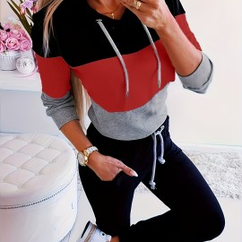 Women's Color Block Hoodie, Long Sleeve Drawstring Thermal Hoodies Sweatshirt, Women's Clothing