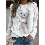 Cute Cat Print Pullover Sweatshirt, Casual Long Sleeve Crew Neck Sweatshirt For Fall & Winter, Women's Clothing