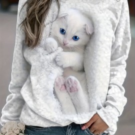 Cute Cat Print Pullover Sweatshirt, Casual Long Sleeve Crew Neck Sweatshirt For Fall & Winter, Women's Clothing