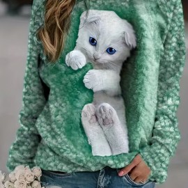 Cute Cat Print Pullover Sweatshirt, Casual Long Sleeve Crew Neck Sweatshirt For Fall & Winter, Women's Clothing