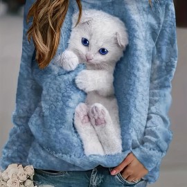 Cute Cat Print Pullover Sweatshirt, Casual Long Sleeve Crew Neck Sweatshirt For Fall & Winter, Women's Clothing