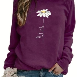 Daisy Print Pullover Sweatshirt, Casual Long Sleeve Crew Neck Sweatshirt For Fall & Winter, Women's Clothing