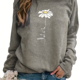 Daisy Print Pullover Sweatshirt, Casual Long Sleeve Crew Neck Sweatshirt For Fall & Winter, Women's Clothing