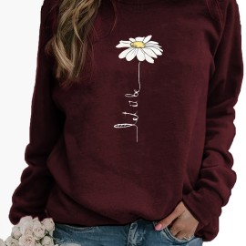 Daisy Print Pullover Sweatshirt, Casual Long Sleeve Crew Neck Sweatshirt For Fall & Winter, Women's Clothing