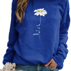 Daisy Print Pullover Sweatshirt, Casual Long Sleeve Crew Neck Sweatshirt For Fall & Winter, Women's Clothing