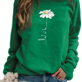 Daisy Print Pullover Sweatshirt, Casual Long Sleeve Crew Neck Sweatshirt For Fall & Winter, Women's Clothing