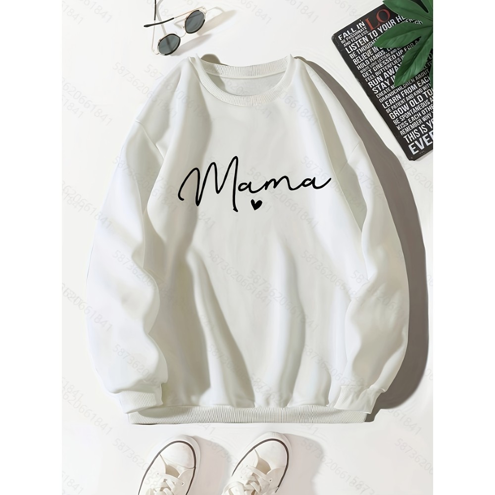 Mama Letter Print Pullover Sweatshirt, Casual Long Sleeve Crew Neck Sweatshirt For Fall & Winter, Women's Clothing