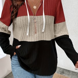 Color Block Zipper Hoodie, Casual Long Sleeve Drawstring Hoodies Sweatshirt, Women's Clothing