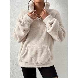 Zip Front Plush Pullover Sweatshirt, Casual Pocket Long Sleeve Sweatshirt, Women's Clothing