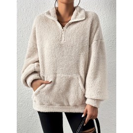 Zip Front Plush Pullover Sweatshirt, Casual Pocket Long Sleeve Sweatshirt, Women's Clothing