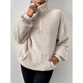 Zip Front Plush Pullover Sweatshirt, Casual Pocket Long Sleeve Sweatshirt, Women's Clothing