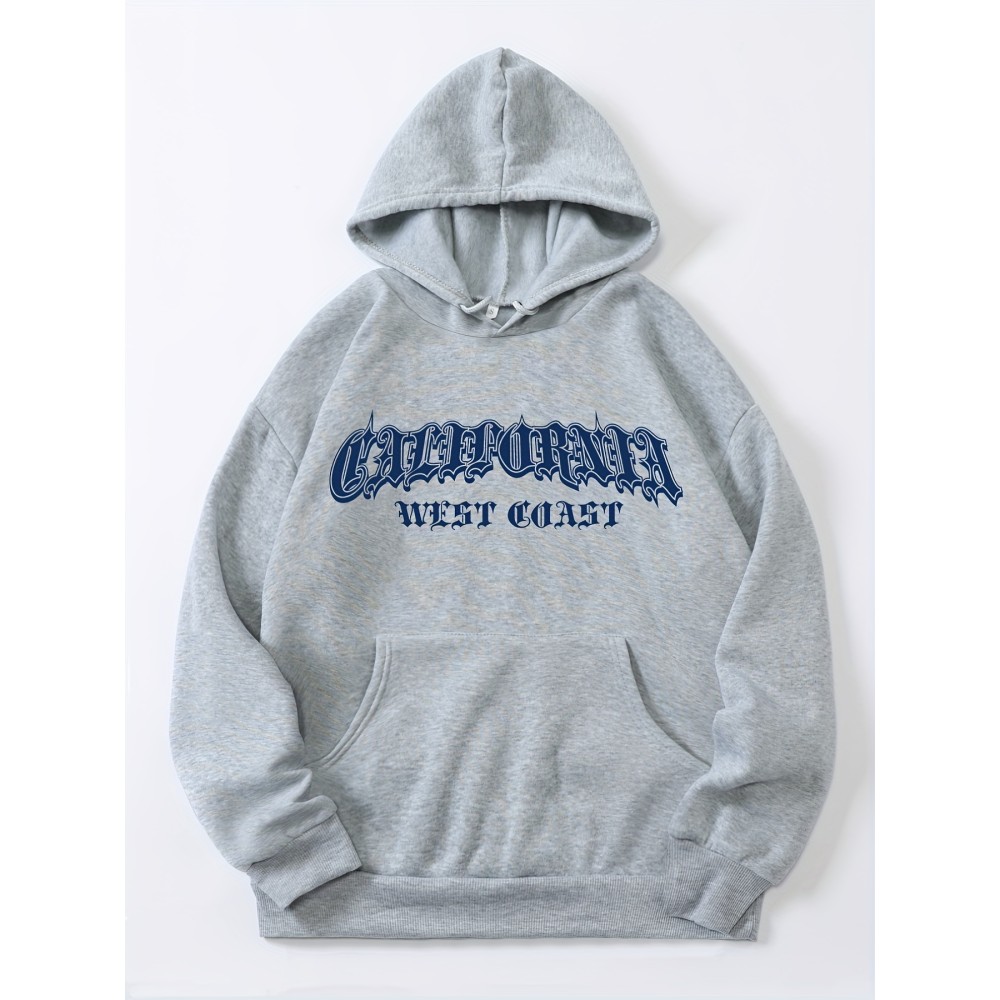 California Letter Print Hoodies, Casual Drawstring Long Sleeve Sweatshirt, Women's Clothing