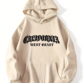 California Letter Print Hoodies, Casual Drawstring Long Sleeve Sweatshirt, Women's Clothing