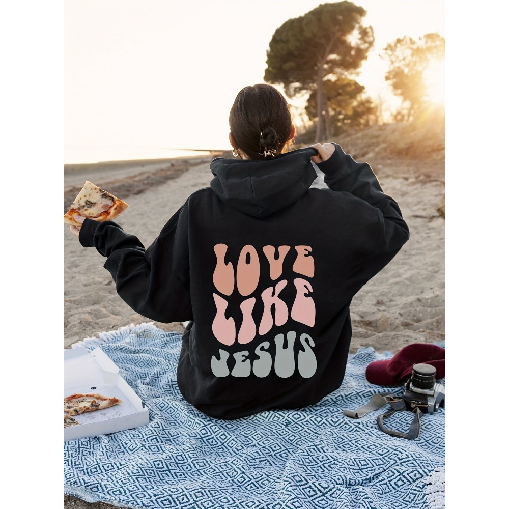 Love Like Jesus Print Kangaroo Pocket Hoodie, Casual Long Sleeve Drawstring Hoodies Sweatshirt, Women's Clothing