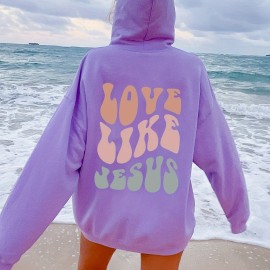 Love Like Jesus Print Kangaroo Pocket Hoodie, Casual Long Sleeve Drawstring Hoodies Sweatshirt, Women's Clothing