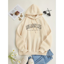 Los Angeles Letter Print Drawstring Hoodie, Casual Long Sleeve Pocket Sweatshirt, Women's Clothing