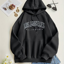 Los Angeles Letter Print Drawstring Hoodie, Casual Long Sleeve Pocket Sweatshirt, Women's Clothing