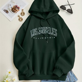 Los Angeles Letter Print Drawstring Hoodie, Casual Long Sleeve Pocket Sweatshirt, Women's Clothing