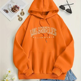 Los Angeles Letter Print Drawstring Hoodie, Casual Long Sleeve Pocket Sweatshirt, Women's Clothing