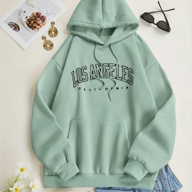 Los Angeles Letter Print Drawstring Hoodie, Casual Long Sleeve Pocket Sweatshirt, Women's Clothing