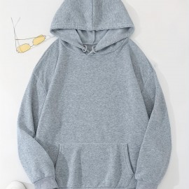 Grey Thermal Hoodies, Kangaroo Pocket Casual Sweatshirt For Fall & Winter, Women's Clothing