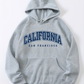 California Print Kangaroo Pocket Hoodie, Casual Long Sleeve Drawstring Hoodies Sweatshirt, Women's Clothing