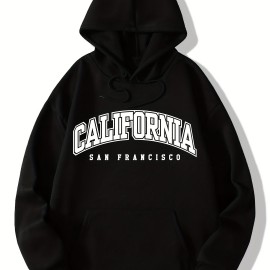 California Print Kangaroo Pocket Hoodie, Casual Long Sleeve Drawstring Hoodies Sweatshirt, Women's Clothing