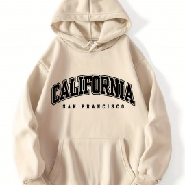 California Print Kangaroo Pocket Hoodie, Casual Long Sleeve Drawstring Hoodies Sweatshirt, Women's Clothing