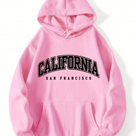 California Print Kangaroo Pocket Hoodie, Casual Long Sleeve Drawstring Hoodies Sweatshirt, Women's Clothing