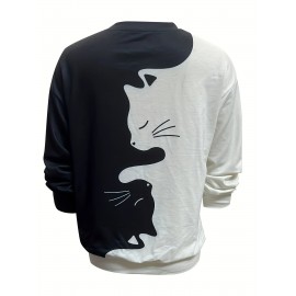 Cute Cat Print Crew Neck Sweatshirt, Casual Long Sleeve Loose Sweatshirt, Women's Clothing