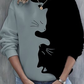 Cute Cat Print Crew Neck Sweatshirt, Casual Long Sleeve Loose Sweatshirt, Women's Clothing