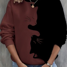 Cute Cat Print Crew Neck Sweatshirt, Casual Long Sleeve Loose Sweatshirt, Women's Clothing