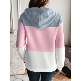 Drawstring Color Block Hoodies, Casual Drawstring Long Sleeve Sweatshirt, Women's Clothing