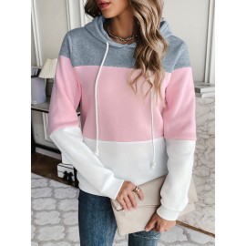 Drawstring Color Block Hoodies, Casual Drawstring Long Sleeve Sweatshirt, Women's Clothing