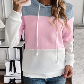 Drawstring Color Block Hoodies, Casual Drawstring Long Sleeve Sweatshirt, Women's Clothing