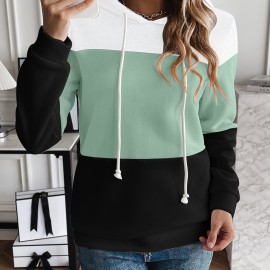 Drawstring Color Block Hoodies, Casual Drawstring Long Sleeve Sweatshirt, Women's Clothing