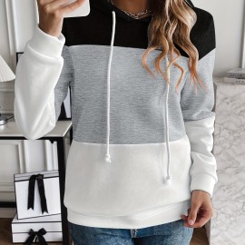 Drawstring Color Block Hoodies, Casual Drawstring Long Sleeve Sweatshirt, Women's Clothing