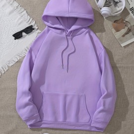 Drawstring Thermal Hoodies, Long Sleeve Solid Casual Sweatshirt, Women's Clothing