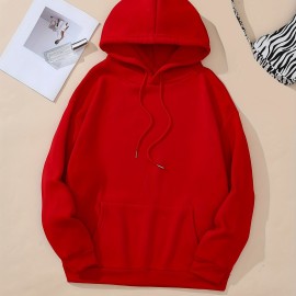 Drawstring Thermal Hoodies, Long Sleeve Solid Casual Sweatshirt, Women's Clothing