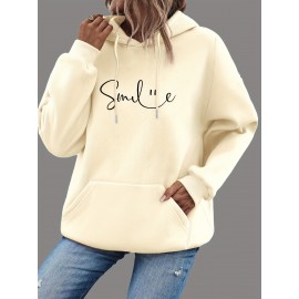 SMILE Print Kangaroo Pocket Hoodie, Casual Long Sleeve Drawstring Hoodie Sweatshirt, Women's Clothing