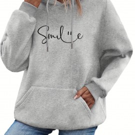 SMILE Print Kangaroo Pocket Hoodie, Casual Long Sleeve Drawstring Hoodie Sweatshirt, Women's Clothing