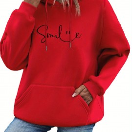 SMILE Print Kangaroo Pocket Hoodie, Casual Long Sleeve Drawstring Hoodie Sweatshirt, Women's Clothing