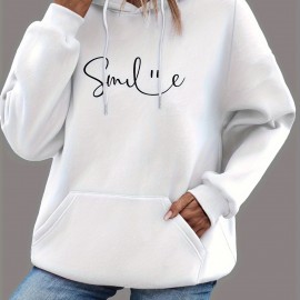 SMILE Print Kangaroo Pocket Hoodie, Casual Long Sleeve Drawstring Hoodie Sweatshirt, Women's Clothing